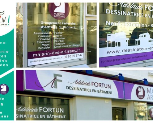 Enseigne et vitrophanie en lettres découpées - Adéalïde Fortun et Maison des Artisans